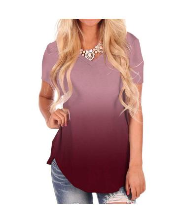 Bokeley 2019 Women's Soft T Shirts V Neck High Low Hem Short Sleeve Tees Tops Wine X-Large Wine