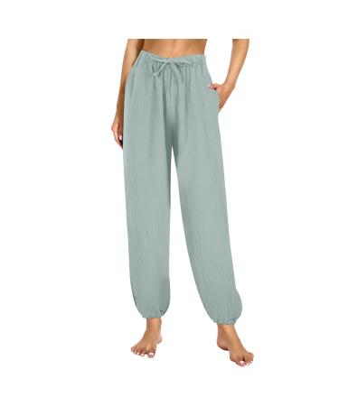 Rytejfes linen pants women long summer white light fabric trousers Elegant stretch wide leg linen summer pants airy brief size pump pair of leisure pants hint pants 17*!Green M