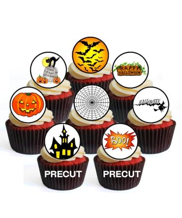 PRECUT Halloween Edible Cupcake Toppers - Spooky Mixed Theme #1 Premium Thickness SWEETENED VANILLA - wafer card disc cake decorations (Pack of 12)
