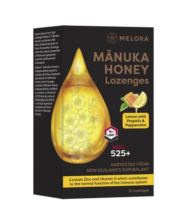 Melora High Strength Manuka Honey Lozenges - 525+ MGO - UMF 15 with Propolis | Naturally Soothing for Sore Throat Relief and Immunity | Lemon & Peppermint Flavour | Pack of 12 Lozenges (48g)