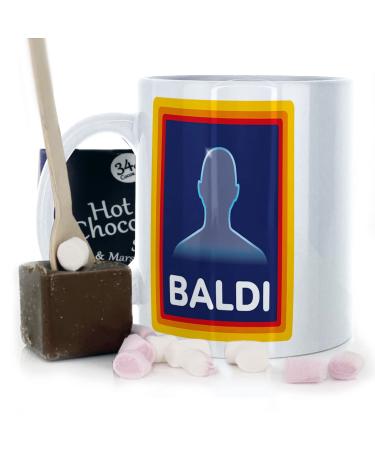 Aldi Inspired Funny Baldi Mug and Belgian Milk Chocolate/Hot Chocolate Stirrer Marshmallow Gift Set (11oz) Thank You Love You Happy Birthday Mug Dad Mug Father's Day Mug 275 Funny Aldi Baldi