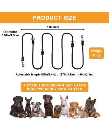 Toivize Adjustable Dog Leash for Large Dogs - 3m Nylon with Reflective Stripes 2 Carabiner Hooks & 3 Rings - Durable & Stylish Black - Buy Online on SooperMarket.com