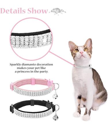EXPAWLORER Cat Collar Breakaway with Bells - 2 Pack Rhinestone Diamante Collars for Cats and Small Dogs - Adjustable & Safe Velvet Collar in Black + Pink - Buy Online on SooperMarket.com