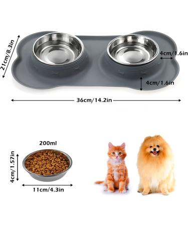 Stainless Steel Double Pet Feeder Bowls with Non-Skid Silicone Mat - Set of 2 Bowls for Dogs and Cats - Small-Medium Size - Grey - Buy Online on SooperMarket.com