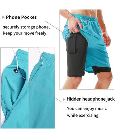 TENJOY Men's 2 in 1 Running Shorts - Quick Dry Athletic Workout Shorts with Phone Pockets (Light Blue, Large) - Buy Online on SooperMarket.com