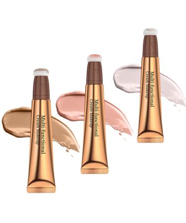 OFONYIA Liquid Highligher Rouge Contour Stand Liquid Face Concealer Contour Stand With Pillow Applicator High Cover Power creamy contoured 3 pieces Fair to Medium Contour+Light Pink Blush+Pearl White Highlight