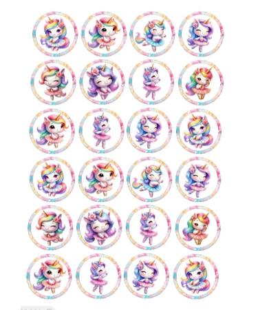 24 Assorted Unicorn Ballet Pre-Cut Edible Premium Rice Card Cup Cake Toppers