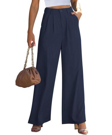 Vetinee Wide Leg Casual Dress Pants for Womens High Waisted Work Pants with Pockets Trousers for Business Office XL Navy Blue