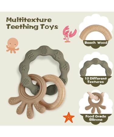 Vicloon Octopus Teething Toy for Baby | Silicone and Wood Chew Toy | Easy to Hold and Clean | Teether Chewlery for Boys & Girls (Green) - Buy Online on SooperMarket.com