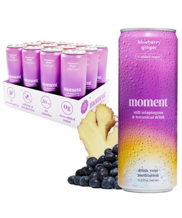 Moment Adaptogen Drink (Shark Tank) - NON-CARBONATED Blueberry Ginger | L-Theanine & Ashwagandha for Calm & Clarity | 0 Added Sugar 0 Caffeine 0 Alcohol | 12-pack Blueberry Ginger 11.5 Fl Oz (Pack of 12)