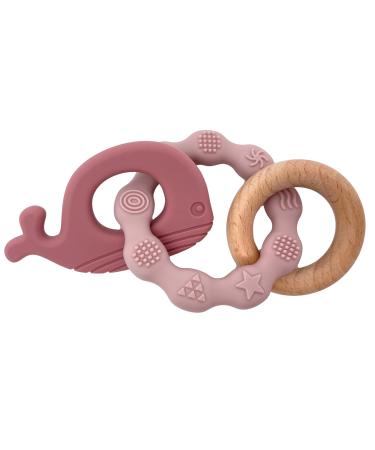 Ernestine - bite ring for babies made of wood and silicone BPA -free - physiological bite rings - Montessori educational toys - gift for the birth of girls and boys - baby toys for gums pink whale
