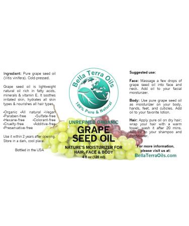 Bella Terra Oils 100% Pure Cold-Pressed Grape Seed Oil 4 oz - Organic, Hexane-Free, Non-Comedogenic Moisturizer for Skin & Hair - Buy Online on SooperMarket.com