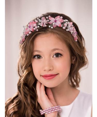 IYOU Flower Girl Hair Accessories Pink Floral Wedding Headband Pearl Wedding Holy Communion Headpiece for Girls - Buy Online on SooperMarket.com