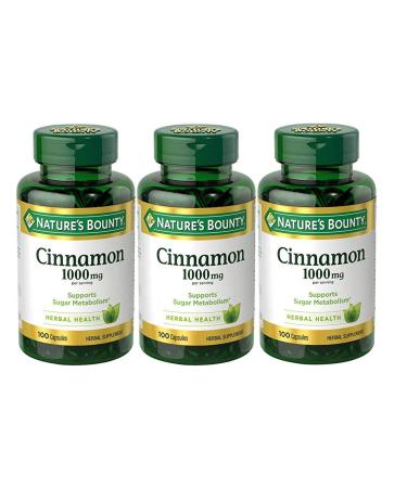 Nature's Bounty Cinnamon Herbal Supplement, Supports Sugar Metabolism, 1000 mg, 100 Count, Pack of 3