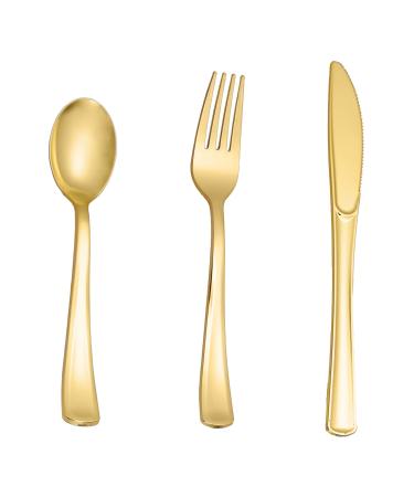 N9R 500PCS Gold Plastic Silverware - Gold Plastic Cutlery Set Disposable Flatware Dinnerware -200 Gold Forks 150 Gold Spoons 150 Gold Knives for Party Birthday Wedding Gold Utensils Gold-500pack