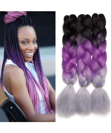 Tess Braids Extensions 60 cm | Jumbo KanCalon Ombre Hair Braids - Black/Purple/Gray - 100g Bundle for Box Braids - Buy Online on SooperMarket.com
