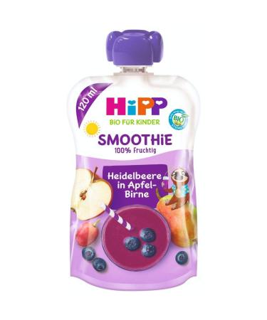 Hipp Smoothie Mix in a crush bag blueberry in apple pear 100% organic fruits without added sugar 6 x 120 ml bags DA84002 Heidelb./Apfel-b.120ml 120 ml (6-pack) blueberry in apple bulb