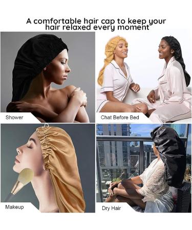 Extra Long Satin Bonnet for Women - 2 Pcs Braid & Curly Hair Bonnets - Soft Silk - Black/Golden - Buy Online on SooperMarket.com
