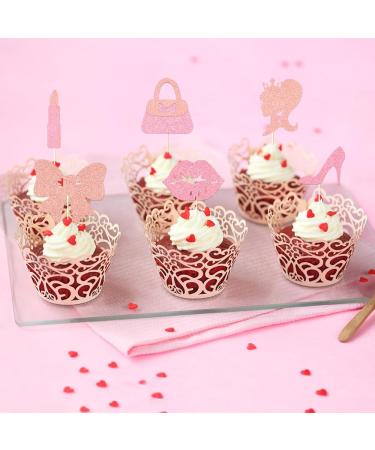 24 PCS Hot Pink Girl Cake Toppers - Glitter Princess Birthday Cupcake Decorations - High Heel Lipstick bowknot Cupcake Picks for Wedding Baby Shower Anniversary Girl Birthday Themed Party Supplies - Buy Online on SooperMarket.com