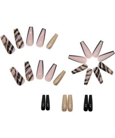 Black Marble French Tip Press On Nails Long with Gold Foil - 24Pcs - Buy Online on SooperMarket.com
