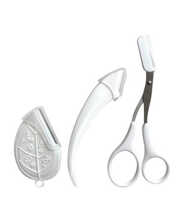 Eyebrow Scissors | Eyebrow Scissors with Comb | Stainless Steel Eyebrow Trimmer Scissors Tool | Curved Eyebrow Trimmer for Beginner | Leaves Eyebrow Razor for Men Women Girls 3Pcs (White)
