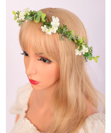 Wiwpar Boho Flower Green Leaf Garland Headpiece Bridal Floral Headband Photo Prop Hair Wreath Floral Headpiece Halo Party Prom Wedding Photos Green for Women Girls (Style2)
