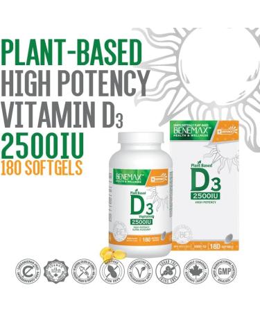 Benemax Vitamin D3 2500 IU For Healthy Bones Teeth and Helps Prevent Vitamin D Deficiency Plant Based & Vegan 180 Day Supply - Buy Online on SooperMarket.com