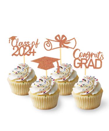 2024 Graduation Theme Cupcake Toppers Glitter Class of 2024 Graduation Cap Diploma Cupcake Picks - Set of 24 (Orange)