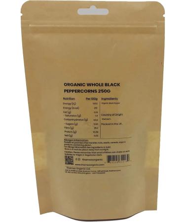 Thames Organic 250g Organic Whole Black Peppercorns - Non-GMO, Vegan, Additives and Preservatives-Free - Buy Online on SooperMarket.com