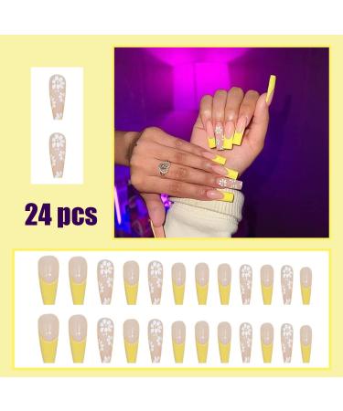 Luvadeyo 24 PCs Yellow White Flower Press-On Nails | Long Summer Ballerina Fake Nails with Glue for Women - Buy Online on SooperMarket.com