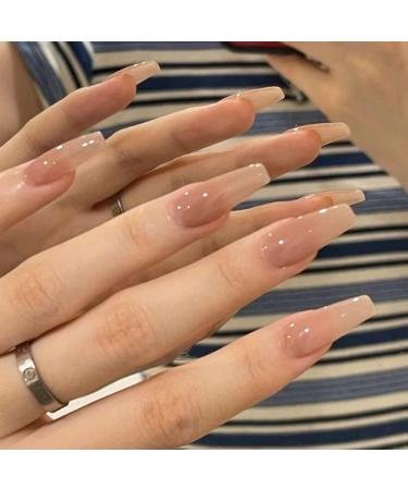 Nude press on nails medium long square kxamelie medium fake nails kit acryl French color gel nails set spring natural fingernail fingernails for women girls in 24pcs (spring choice)
