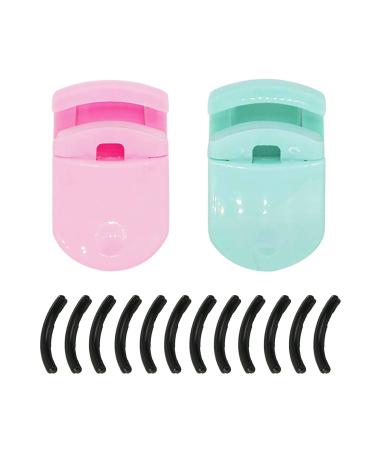Vtrem 2PCS Travel Eyelash Curler with Pads Eyelashes Curler Eye Curler with 12 Pieces Extra Soft Gentle Silicone Replacement Refills Pads Perfect for on The Go Use Green+Pink