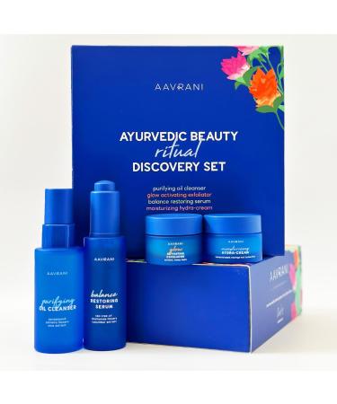 Aavrani Beauty Ritual Discovery Set - Travel Size Set of Purifying Oil Cleanser Glow Activating Exfoliator Turmeric Clay Mask Balance Restoring Serum and Moisturizing Cream Daily Skin Care Unscented