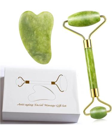 Natural Jade Gua Sha Scraper Board & Roller Set - Anti-Wrinkle Facial Massage Tool Gift Set - Buy Online on SooperMarket.com