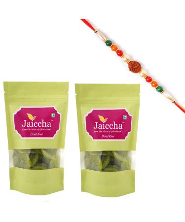 Jaiccha Ghasitaram Rakhi Gifts for Brothers Rakhi Dryfruits - Dried Kiwi 400 GMS in Green Paper Pouch with Rudraksh Rakhi