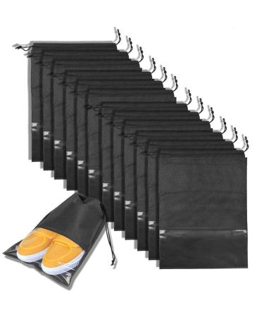 BUYGOO 12PCS Travel Shoe Bags Waterproof Non-Woven Storage With Rope for Men and Women Large Shoes Pouch Packing Organizers - 17.3" X 12.6" (Black)