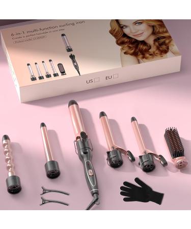 Professional 6 in 1 Curling Iron Set with Hair Straightener Brush - Dual Voltage Curler Wave Wand - Ceramic Barrel Hair Styling Tools - Instant Heating - Heat Resistant Gloves - Rose Gold - Buy Online on SooperMarket.com