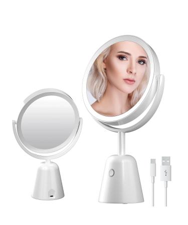 Lighted Makeup Mirror 1X/7X Magnifying Vanity Mirror with Lights 3 Color Double Sided Beauty Mirror Magnification Rechargeable 270°Rotation Led Tabletop Cosmetic Mirror Adjustable Height White