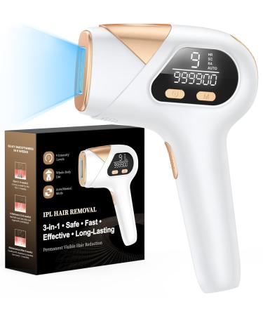 Glattol IPL Laser Hair Removal - 3-in-1 & Effective & Long Lasting Hair Removal Device with 9 Levels and 2 Flash Modes 999 900 Flashes for Full Body Treatment at Home for Women and Men