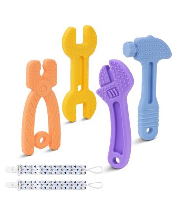 Osdue bite ring for babies baby teething toys for young and girls baby biting rings with easy handles BPA free soft silicone (4 Pack) blue+purple+yellow+orange