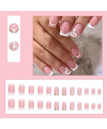 Justotry 24 Pcs Heart Square Short Milky French Press on Nails - Glitter Fake Nails Medium with Nail Glue - Pink Stick on Nails for Women - Squoval Nails for Nail Art - Buy Online on SooperMarket.com