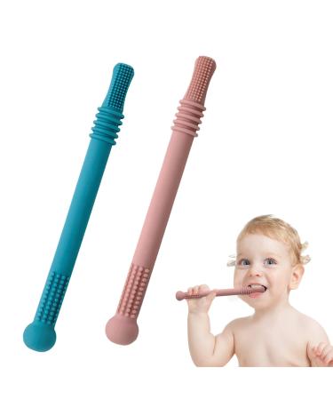 Baby bite tube hollow bite tube baby-soft food-silicone bite toy for toddlers with breastfeeding bite for babies 0-6 months sensory exploration and tooth relief (blue and pink)
