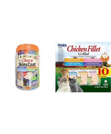 INABA Churu Lickable Pur e Natural Cat Treats for Skin and Coat with Omega Oils & Natural Premium Hand-Cut Grilled Chicken Fillet Cat Treats
