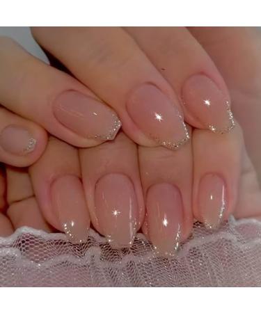 Hkanlre Bling Coffin Press on Nails Fake Nails Tips Full Cover Medium False Gradient Nails for Women and Girls 24PCS (Gold pink)