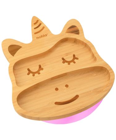 nohla - Luna The Unicorn - Bamboo Baby Weaning Suction Plate - 23cm x 20cm - Spill-Proof Suction Base - Ideal from 6 Months - 100% Bamboo & FDA Silicone - Organic & BPA-Free - Pink Luna the Unicorn Plate