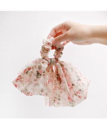 2PCS Floral Hair Scarf with Ribbon Bow for Women and Girls - Silk Long Tails Scrunchy Elastics Ponytail Holder - Buy Online on SooperMarket.com