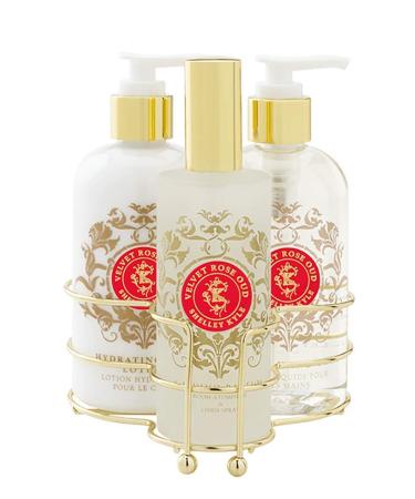 Shelley Kyle Velvet Rose Oud Three piece caddy with Lotion Liquid Hand Soap and Room Atomizer