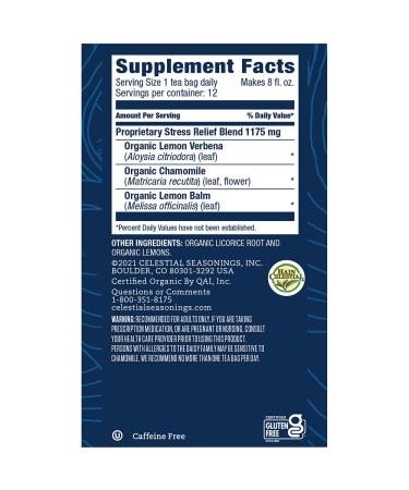 Celestial Seasonings Stress Relief Tea - Organic Lemon Verbena & Chamomile, Caffeine Free, 12 Bags - Buy Online on SooperMarket.com
