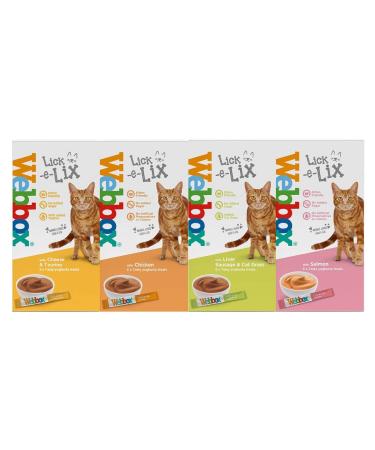 Webbox Lick-e-lix Cat Food Yoghurt Variety Pack (1 x Salmon 1 x Chicken 1 x Liver Sausage 1 x Cheese & Taurine)