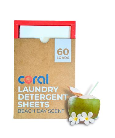 Eco-Friendly Laundry Detergent Sheets (60 Loads) Beach Day Scent | Coral Laundry | Plastic-free alternative to your liquid detergent or pods | Hypoallergenic | Biodegradable & Zero Waste